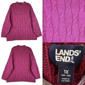 Lands End Sweater Women’s Plus Size 1X Fushia Pullover V Neck Cable Knit Wool